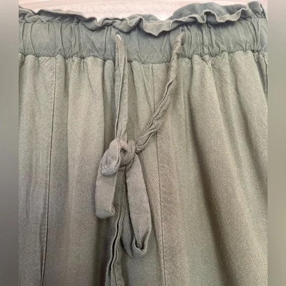 Joggers Paper Bag Waist with Elastic Pockets Side Ankle Tie Olive Green Casual - Picture 9 of 9